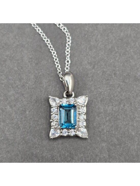 Unknown Jewelry - Edwardian Revival Sterling Silver Blue Topaz Pendant Necklace Emerald Cut 925